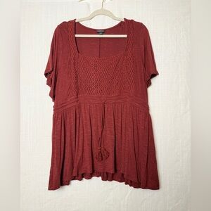 Torrid Babydoll Top Womens Size 2 Burgundy Knit Square Neck Lace Inset Flutter